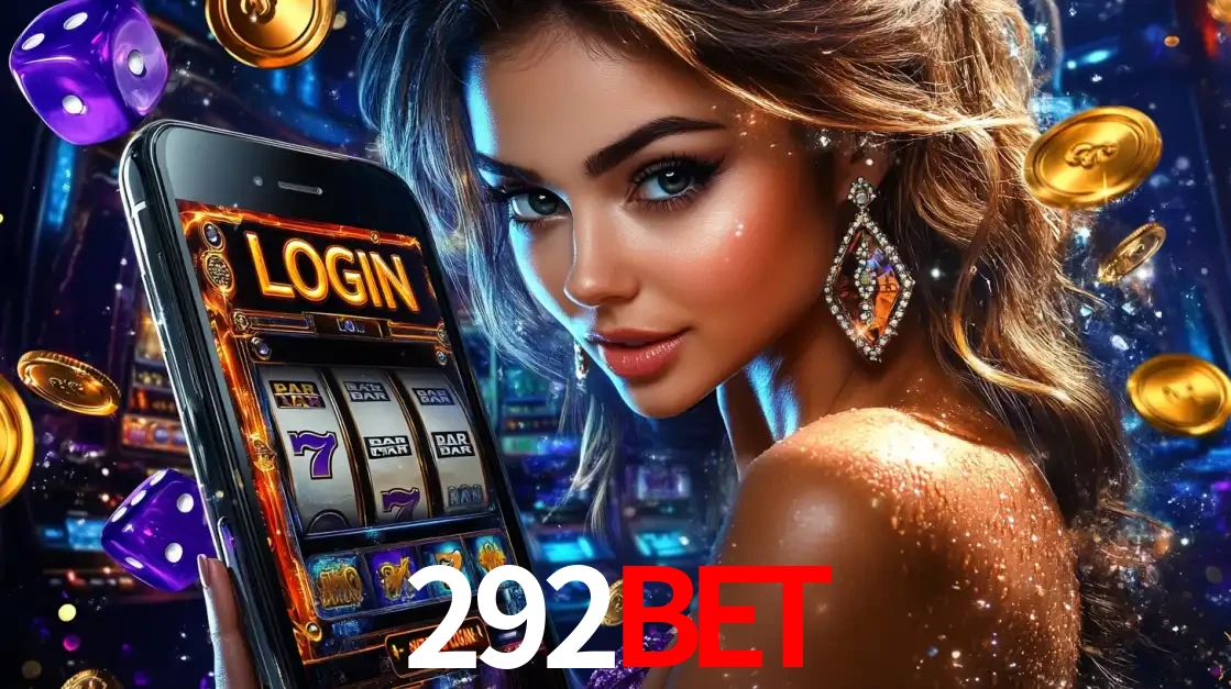 Mulher glamorosa segurando um smartphone com a tela de login para os jogos de caça-níqueis do cassino online 292bet, com moedas de ouro e dados ao redor.