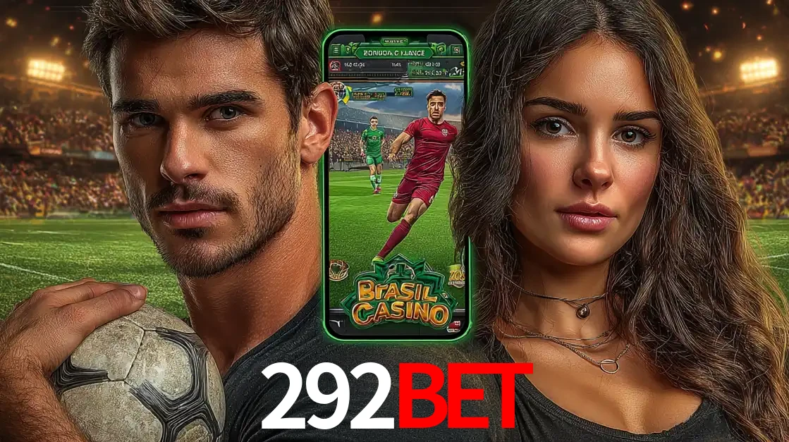 Homem segurando uma bola de futebol e uma mulher ao lado de um smartphone exibindo o jogo de apostas esportivas da 292bet. Faça seu palpite no cassino online.
